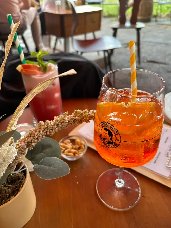 Ein Spritz mit Strohhalm und ein roter Cocktail auf dem Tisch